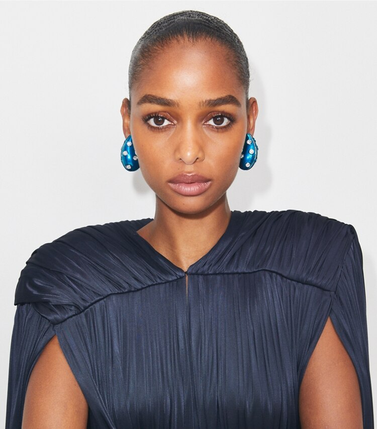 Tory Burch designer earrings Pierced Earring in Blue / Crystal accessory on model