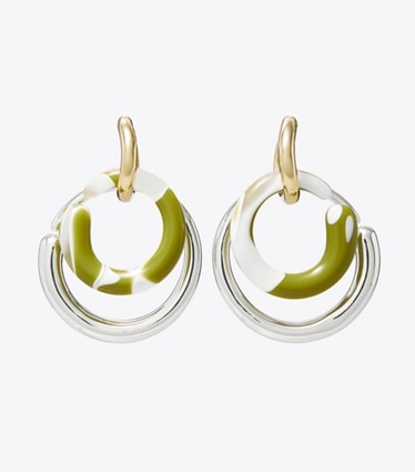 Tory Burch designer earrings Pierced Earrings in Light Silver / Light Brass / Green Swirl front
