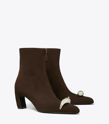 Tory Burch designer ankle boots Pierced Heeled Ankle Boot in DARK COCOA / SILVER angle