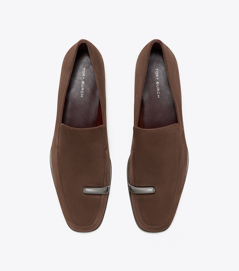 Tory Burch designer flats Pierced Loafer in DARK COCOA / SILVER overhead