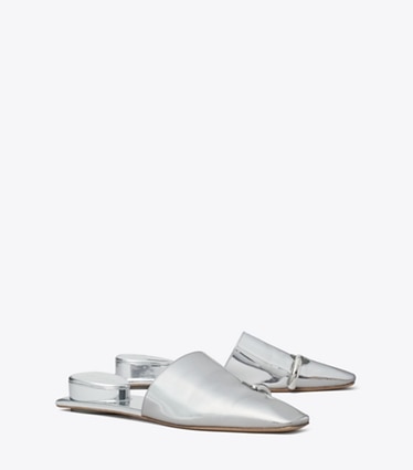 Tory Burch designer flats Pierced Mule in ARGENTO angle