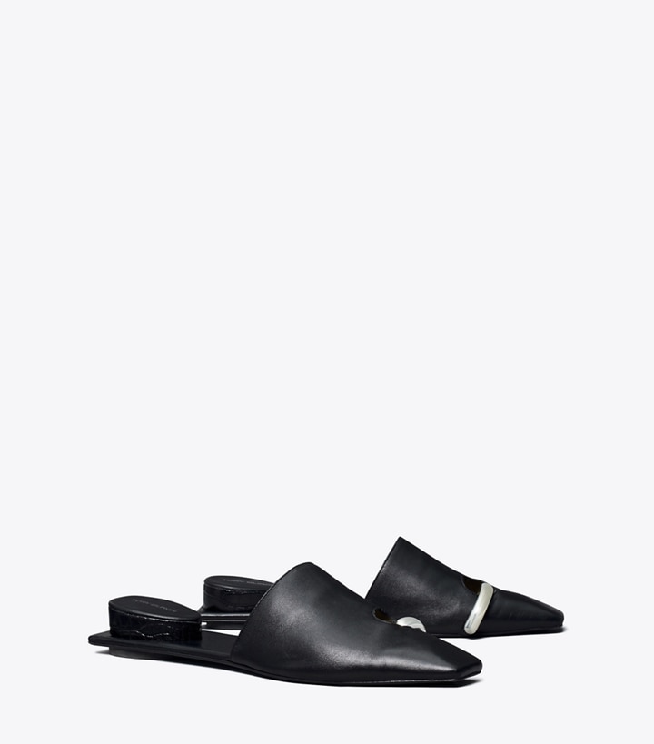 Tory Burch designer flats Pierced Mule in PERFECT BLACK / SILVER angle