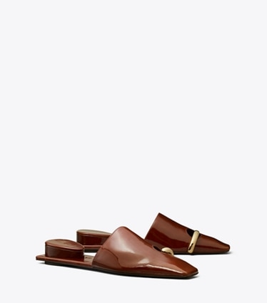 Tory Burch designer flats Pierced Mule in RUSSET BROWN / GOLD angle