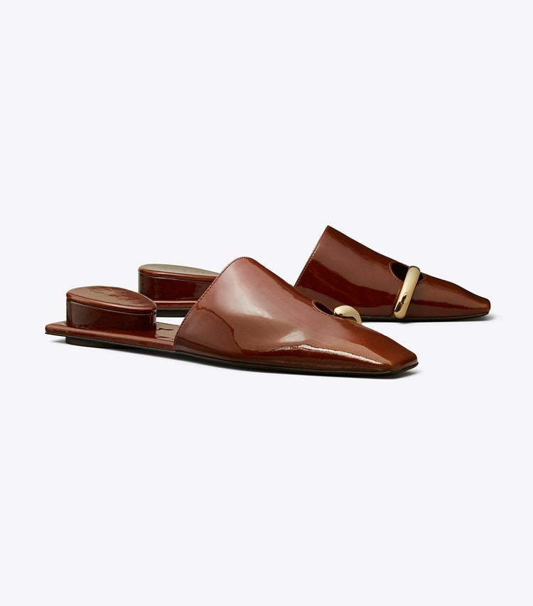 Tory Burch designer flats Pierced Mule in RUSSET BROWN / GOLD angle