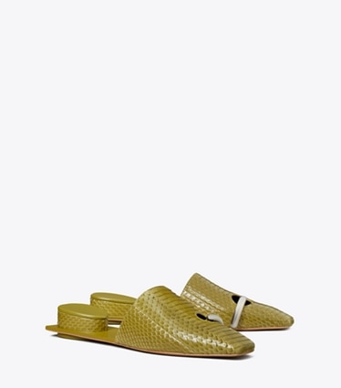 Tory Burch designer flats Pierced Mule in MOSS / SILVER angle