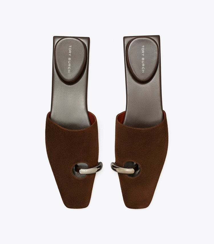 Tory Burch designer flats Pierced Mule in DARK COCOA / SILVER overhead