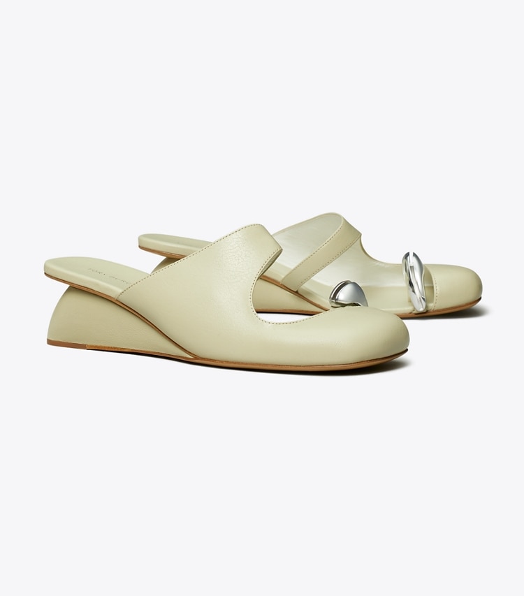 Tory Burch designer heels Pierced Mule Wedge in KHAKI SAGE angle