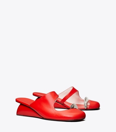 Tory Burch designer heels Pierced Mule Wedge in BLAZING RED / SILVER angle
