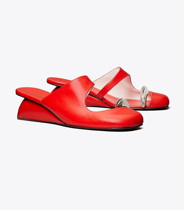 Tory Burch designer heels Pierced Mule Wedge in BLAZING RED / SILVER angle