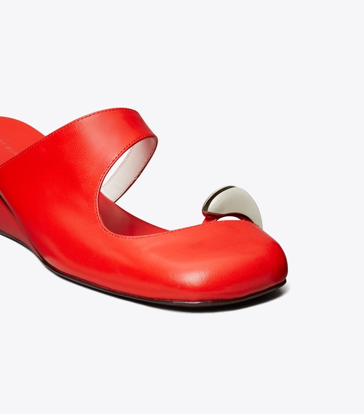 Tory Burch designer heels Pierced Mule Wedge in BLAZING RED / SILVER detail