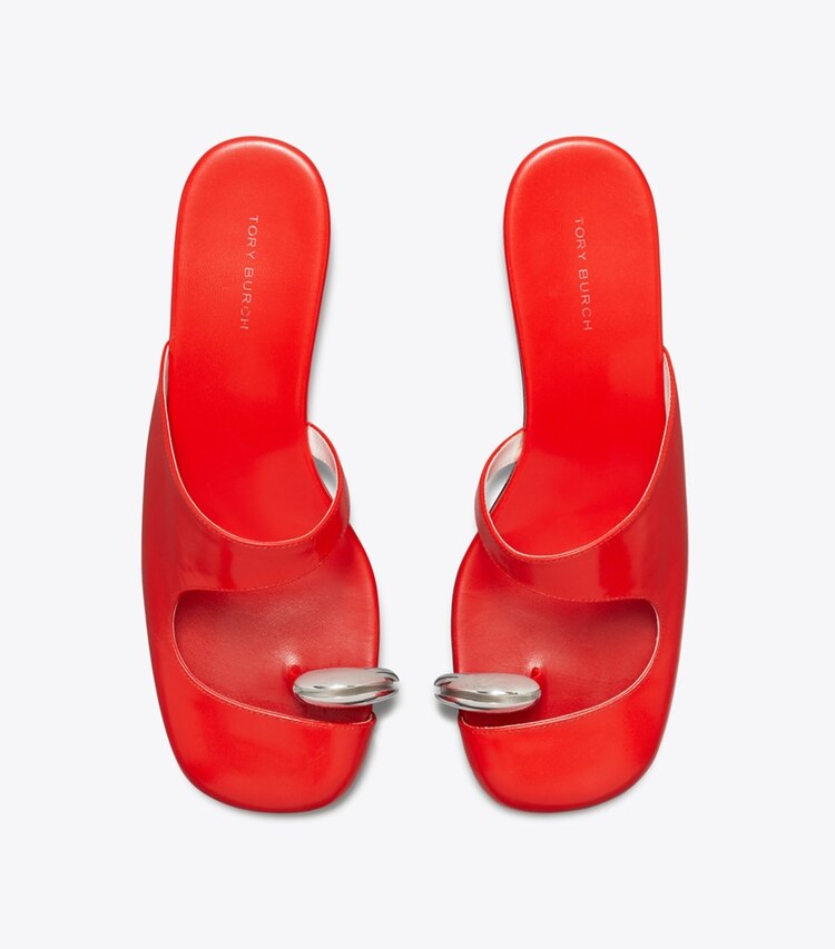 Tory Burch designer heels Pierced Mule Wedge in BLAZING RED / SILVER overhead