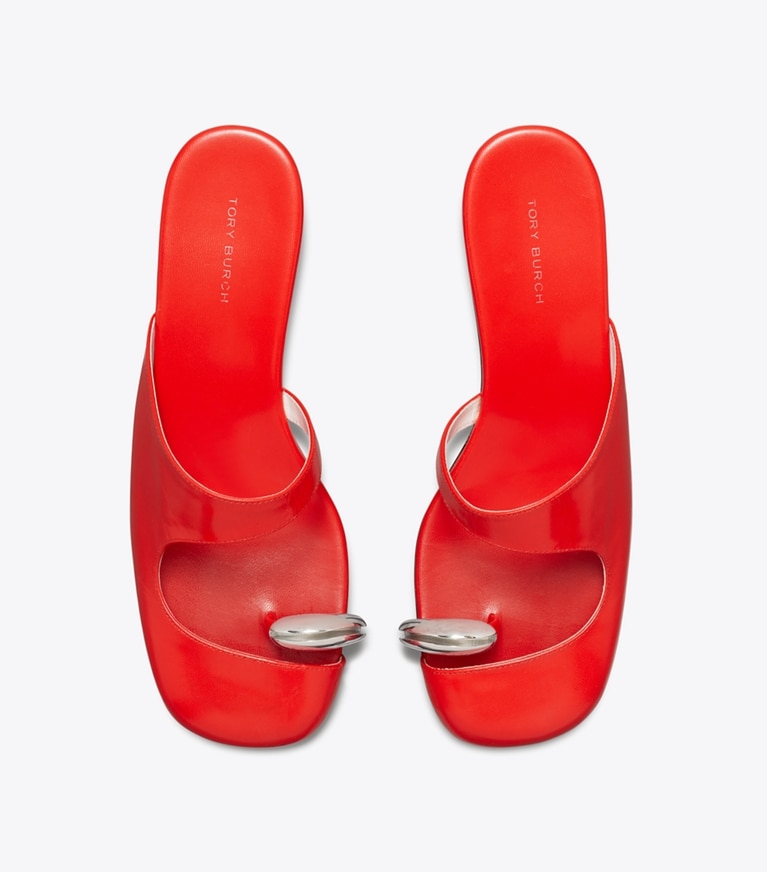 Tory Burch designer heels Pierced Mule Wedge in BLAZING RED / SILVER angle