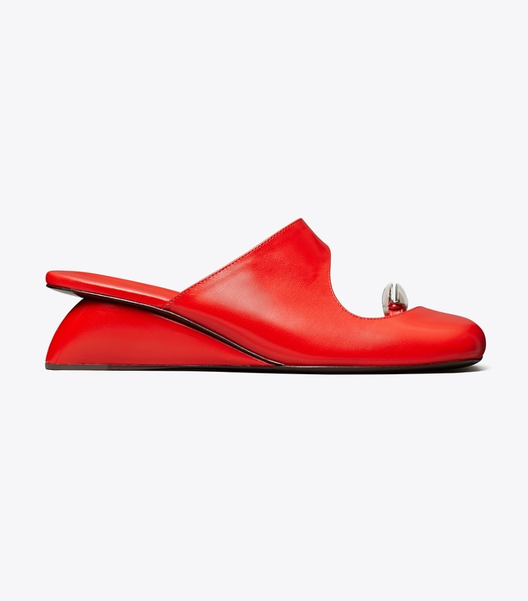 Tory Burch designer heels Pierced Mule Wedge in BLAZING RED / SILVER side