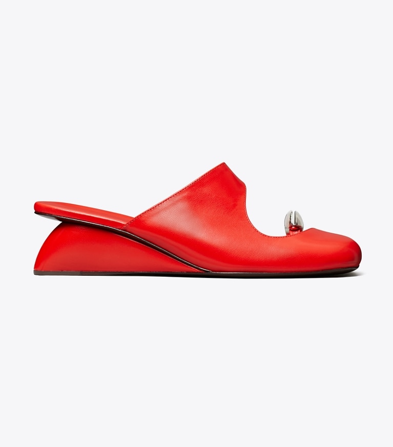 Tory Burch designer heels Pierced Mule Wedge in BLAZING RED / SILVER angle