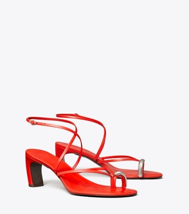 Tory Burch designer sandals Pierced Multi-Strap Heeled Sandal in BLAZING RED / SILVER angle