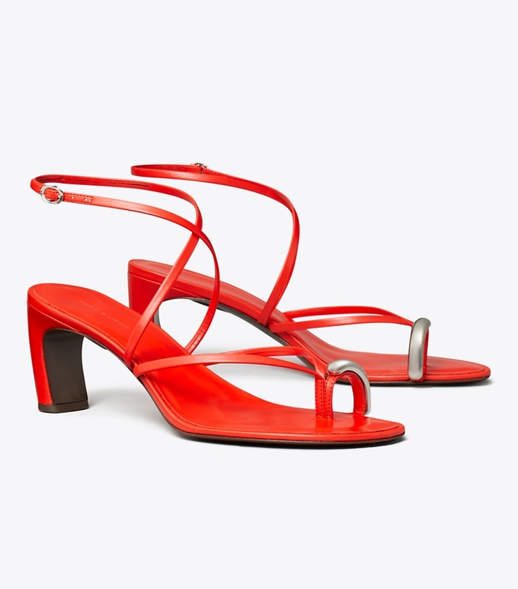 Tory Burch designer sandals Pierced Multi-Strap Heeled Sandal in BLAZING RED / SILVER angle