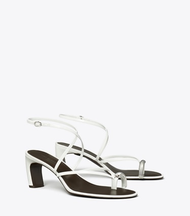 Tory Burch designer sandals Pierced Multi-Strap Heeled Sandal in BIANCO / SILVER angle