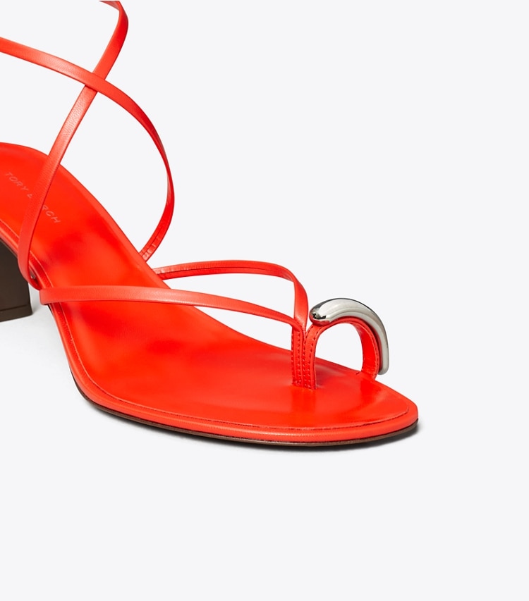 Tory Burch designer sandals Pierced Multi-Strap Heeled Sandal in BLAZING RED / SILVER detail