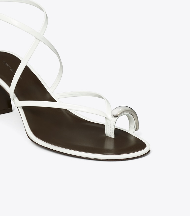 Tory Burch designer sandals Pierced Multi-Strap Heeled Sandal in BIANCO / SILVER angle