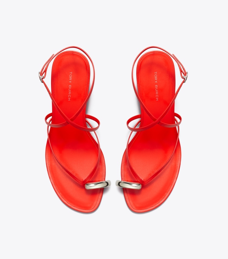 Tory Burch designer sandals Pierced Multi-Strap Heeled Sandal in BLAZING RED / SILVER overhead