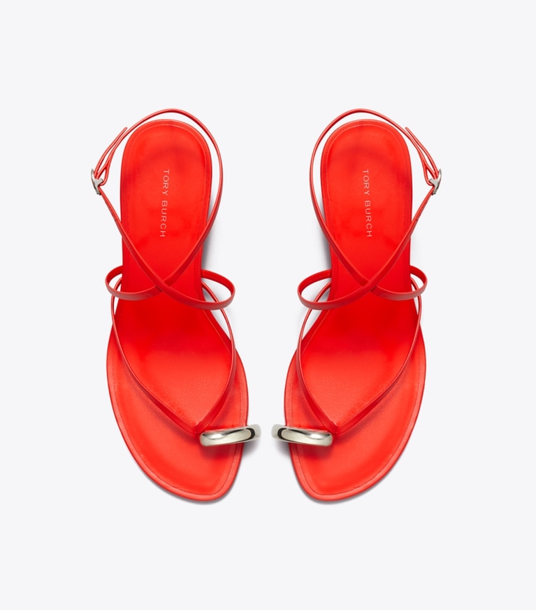 Tory Burch designer sandals Pierced Multi-Strap Heeled Sandal in BLAZING RED / SILVER angle