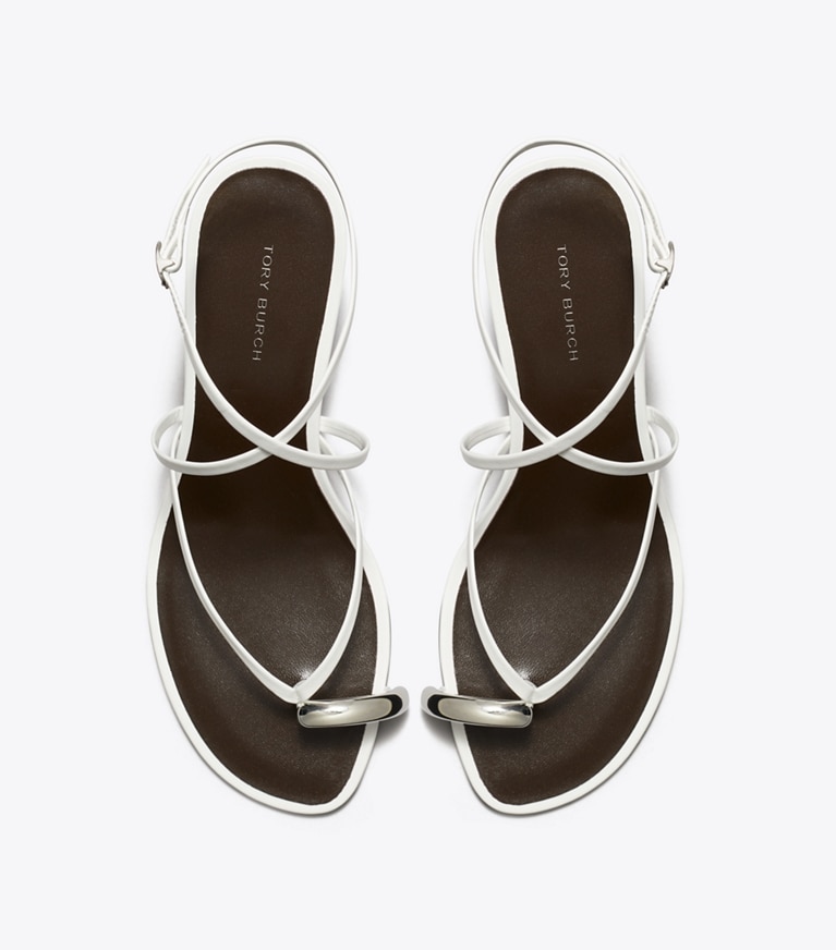 Tory Burch designer sandals Pierced Multi-Strap Heeled Sandal in BIANCO / SILVER angle