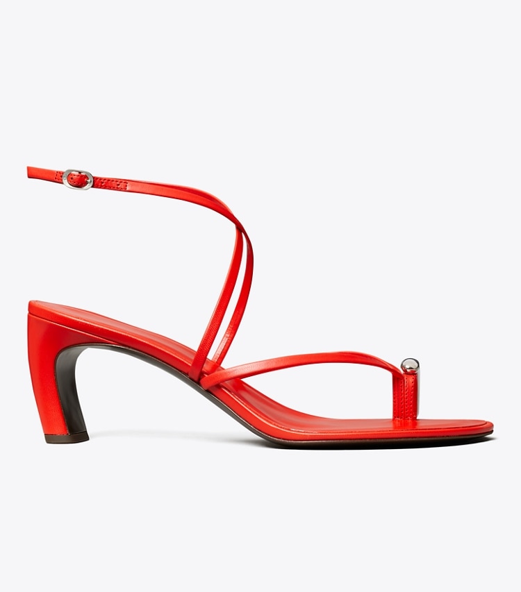 Tory Burch designer sandals Pierced Multi-Strap Heeled Sandal in BLAZING RED / SILVER side