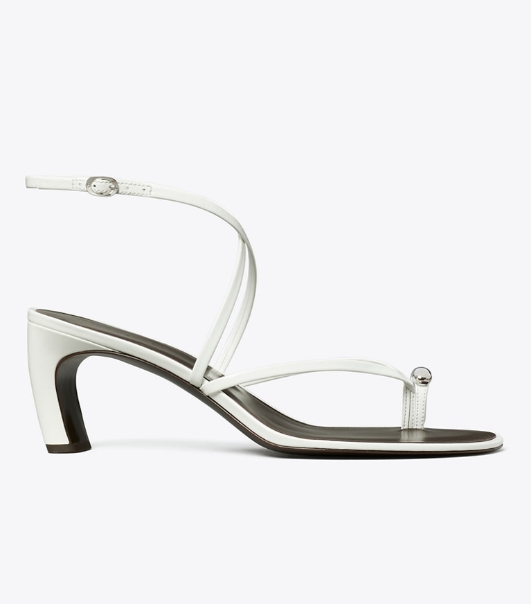 Tory Burch designer sandals Pierced Multi-Strap Heeled Sandal in BIANCO / SILVER angle