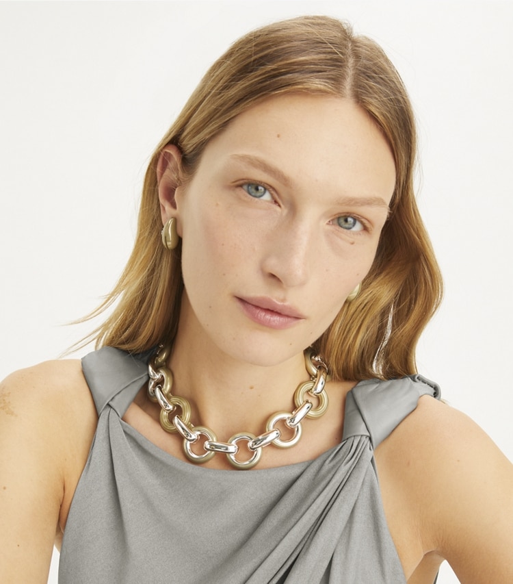 Tory Burch designer necklaces Pierced Necklace in Light Silver / Multi accessory on model