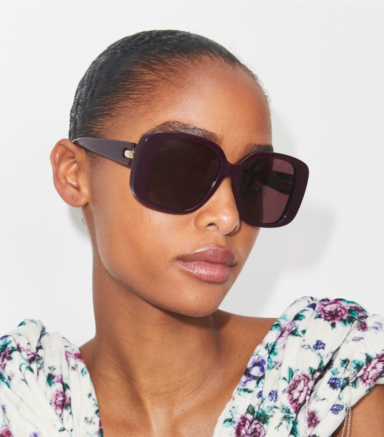 Tory Burch designer sunglasses & eyewear Pierced Oversized Square Sunglasses in BURGUNDY/WINE front
