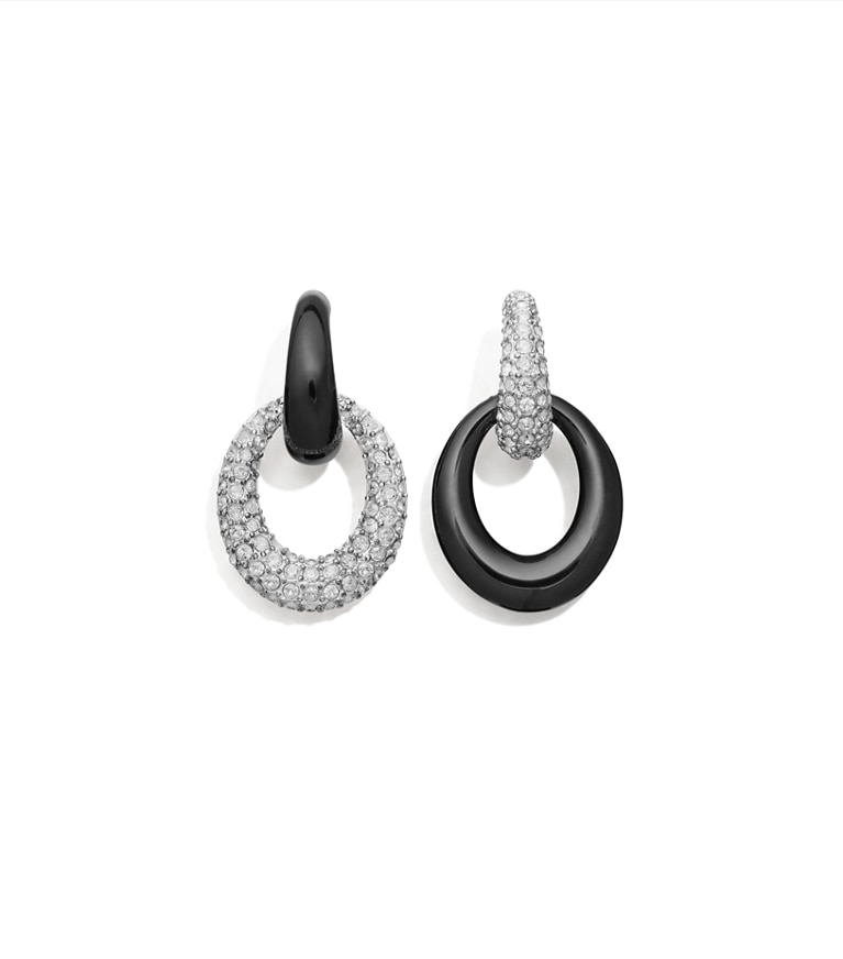 Tory Burch designer earrings Pierced Pavé Doorknocker Earrings in Antique Light Silver / BLACK / Crystal additional