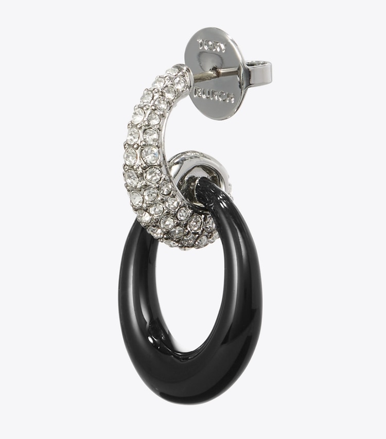 Tory Burch diseñador aretes Pierced Pavé Doorknocker Earrings en Antique Light Silver / BLACK / Crystal detalle
