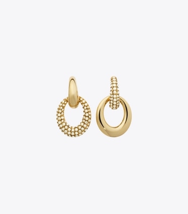 Tory Burch diseñador aretes Pierced Pavé Doorknocker Earrings en Light Brass / Crystal frente