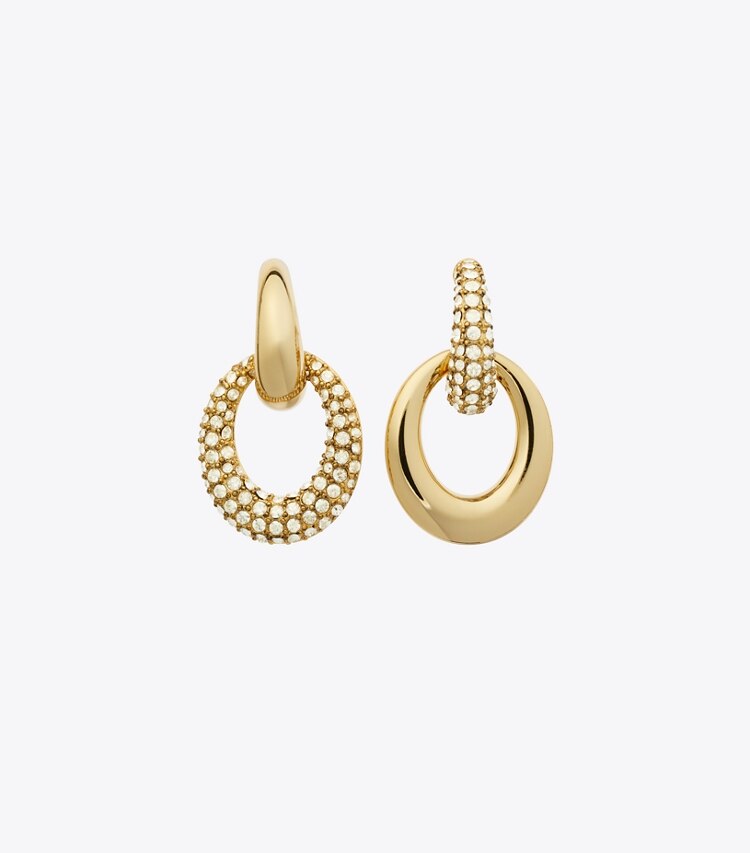 Tory Burch diseñador aretes Pierced Pavé Doorknocker Earrings en Light Brass / Crystal frente
