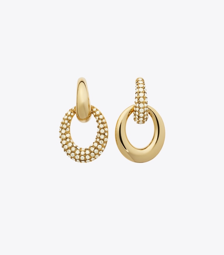 Tory Burch diseñador aretes Pierced Pavé Doorknocker Earrings en Light Brass / Crystal frente