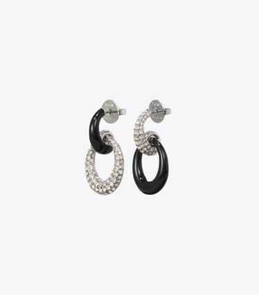 Tory Burch diseñador aretes Pierced Pavé Doorknocker Earrings en Antique Light Silver / BLACK / Crystal frente