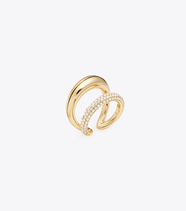 Tory Burch diseñador anillos Pierced Pavé Double Ring en Light Brass / Crystal ángulo