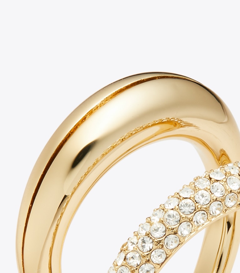 Tory Burch diseñador anillos Pierced Pavé Double Ring en Light Brass / Crystal detalle