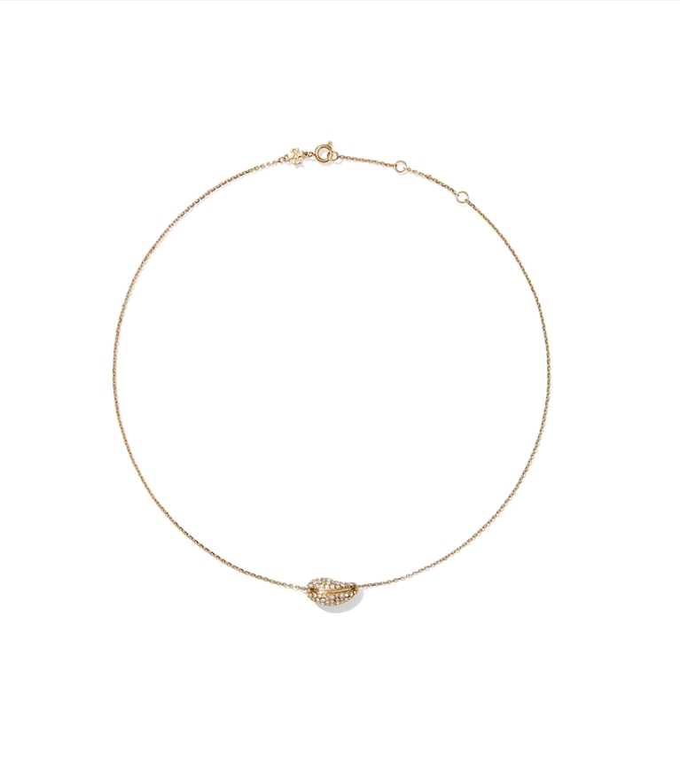 Tory Burch designer necklaces Pierced Pavé Pendant Necklace in Light Brass / Crystal additional