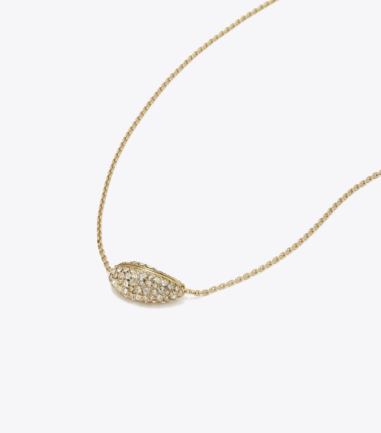 Tory Burch designer ネックレス ウェーブ パヴェ ペンダント in Light Brass / Crystal front
