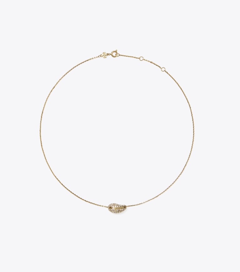 Tory Burch designer ネックレス ウェーブ パヴェ ペンダント in Light Brass / Crystal front