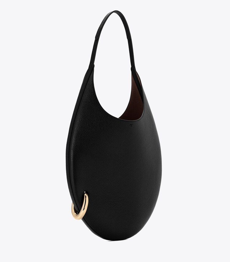 Tory Burch designer shoulder bags Pierced Pebbled Handbag in BLACK/GOLD angle