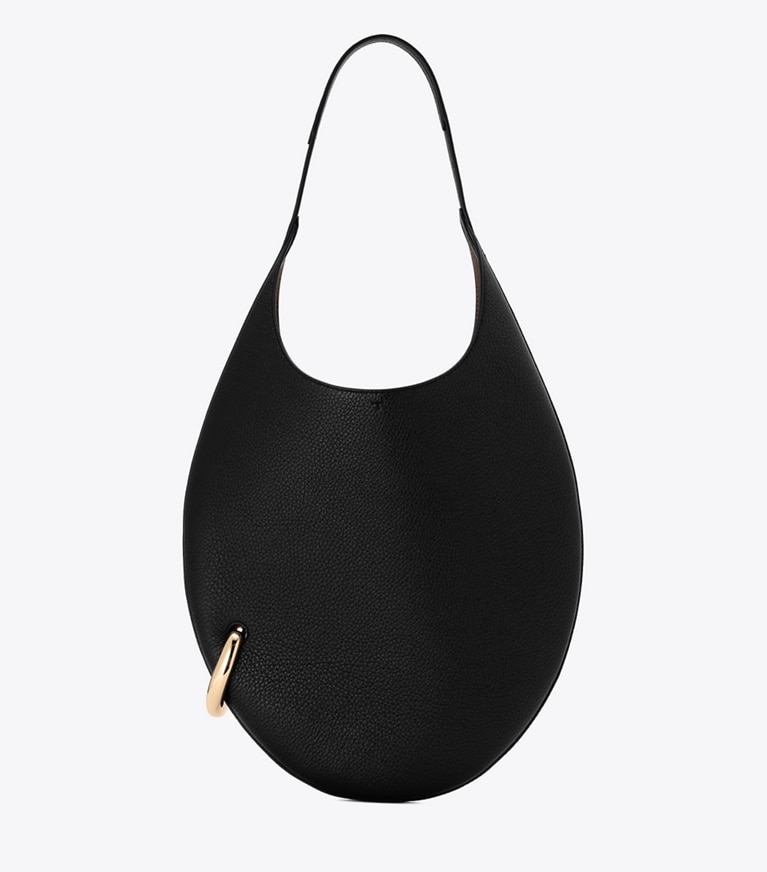 Tory Burch designer shoulder bags Pierced Pebbled Handbag in BLACK/GOLD angle