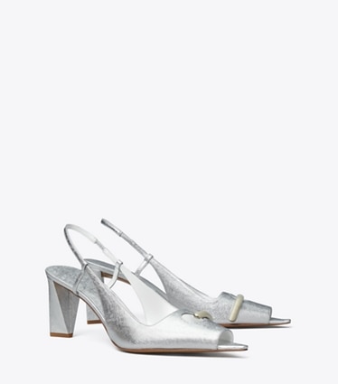 Tory Burch designer heels Pierced Peep-Toe Slingback in BRIGHT SILVER / SILVER angle