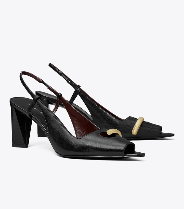 Tory Burch designer heels Pierced Peep-Toe Slingback in PERFECT BLACK / GOLD angle