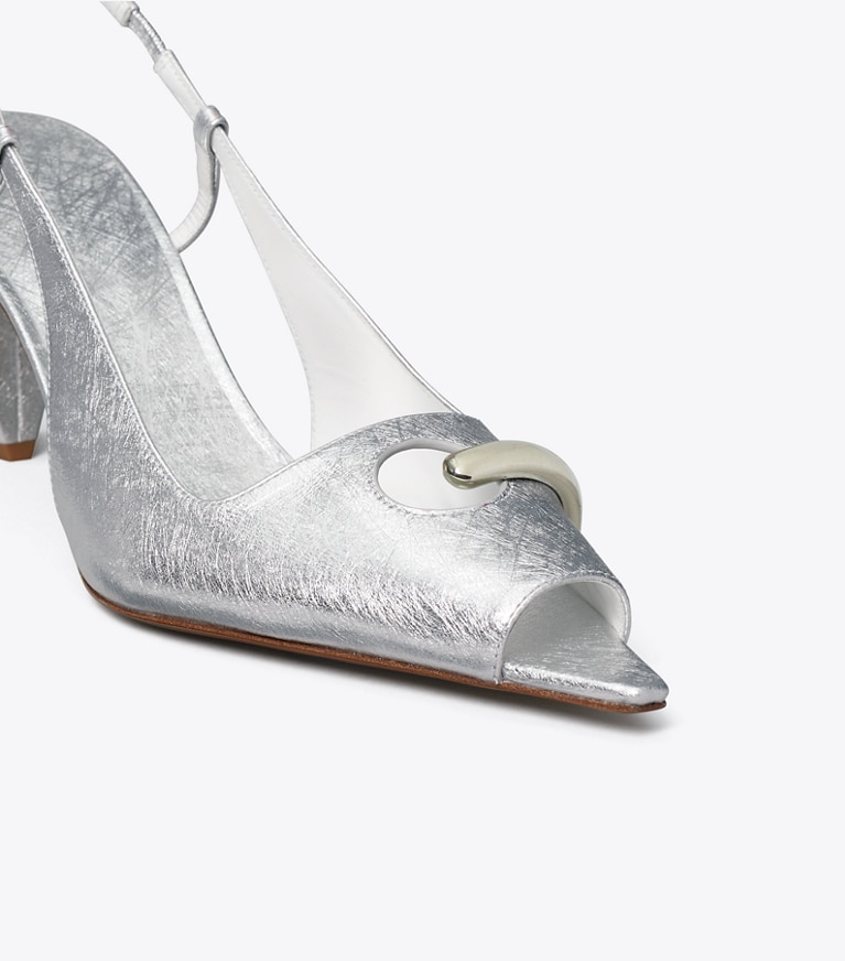 Tory Burch designer heels Pierced Peep-Toe Slingback in BRIGHT SILVER / SILVER angle