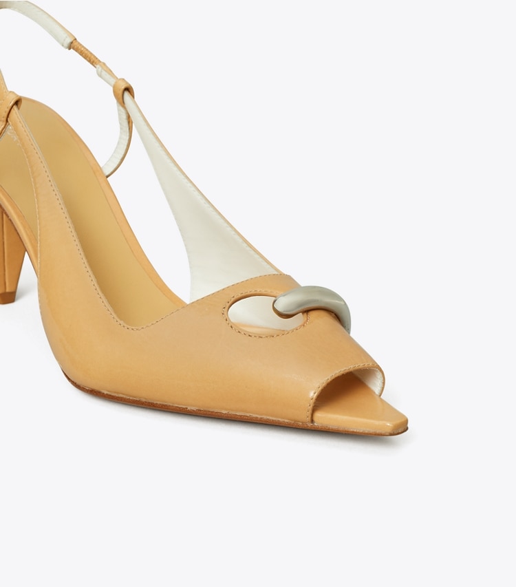 Tory Burch designer heels Pierced Peep-Toe Slingback in CANTUCCI / GOLD detail