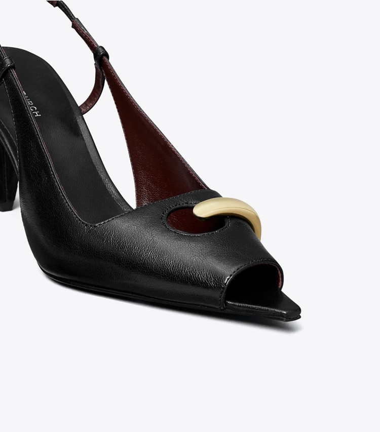 Tory Burch designer heels Pierced Peep-Toe Slingback in PERFECT BLACK / GOLD detail