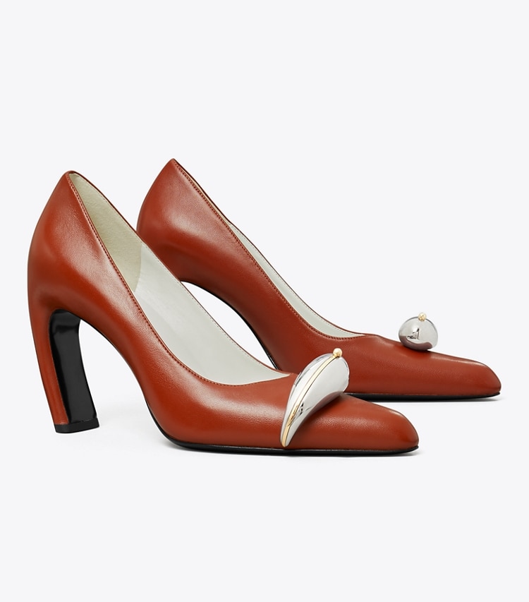 Tory Burch designer ヒール ピアス パンプス in SIENNA RED angle