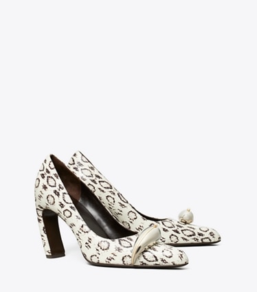 Tory Burch designer heels Pierced Pump in BLACK / WHITE ROCCIA / SILVER angle